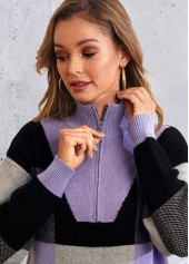 Multi Color tops,Plaid tops,Plaid Quarter Zip Long Sleeve Sweater