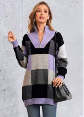 Multi Color tops,Plaid tops,Plaid Quarter Zip Long Sleeve Sweater