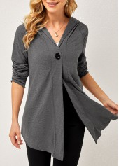 Grey tops,Plain Color tops,ROTITA One Button Solid Long Sleeve Hoodie