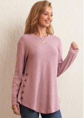 Pink tops,Plain Color tops,Pink Decorative Button Round Neck Long Sleeve T Shirt