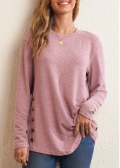 Pink Decorative Button Round Neck Long Sleeve T Shirt