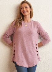 Pink tops,Plain Color tops,Pink Decorative Button Round Neck Long Sleeve T Shirt
