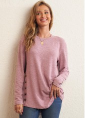 Pink tops,Plain Color tops,Pink Decorative Button Round Neck Long Sleeve T Shirt