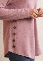 Pink tops,Plain Color tops,Pink Decorative Button Round Neck Long Sleeve T Shirt