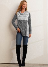 Grey tops,Contrast Color tops,ROTITA Lace Patchwork Contrast Color Grey Cowl Neck Sweatshirt
