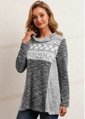 Grey tops,Contrast Color tops,ROTITA Lace Patchwork Contrast Color Grey Cowl Neck Sweatshirt