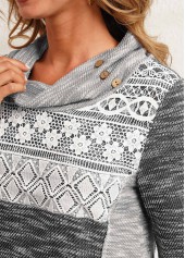 Grey tops,Contrast Color tops,ROTITA Lace Patchwork Contrast Color Grey Cowl Neck Sweatshirt
