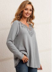 Grey tops,Plain Color tops,ROTITA Lace Patchwork Grey V Neck T Shirt