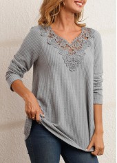 ROTITA Lace Patchwork Grey V Neck T Shirt