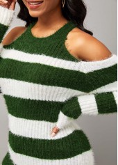 Multi Color tops,Striped tops,ROTITA Stripe Print Cold Shoulder Round Neck Long Sleeve Sweater