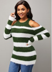 Multi Color tops,Striped tops,ROTITA Stripe Print Cold Shoulder Round Neck Long Sleeve Sweater