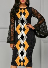 ROTITA Geometric Print Lace Patchwork Round Neck Dress