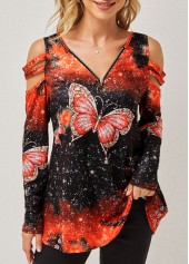 Orange tops,Animal Print tops,Cold Shoulder Quarter Zip Butterfly Print T Shirt