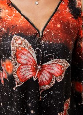Orange tops,Animal Print tops,Cold Shoulder Quarter Zip Butterfly Print T Shirt