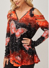 Orange tops,Animal Print tops,Cold Shoulder Quarter Zip Butterfly Print T Shirt