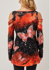 Orange tops,Animal Print tops,Cold Shoulder Quarter Zip Butterfly Print T Shirt