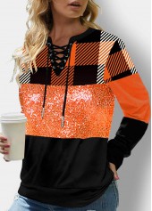 ROTITA Lace Up Plaid Orange Sequin Sweatshirt