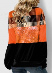 Orange tops,Plaid tops,ROTITA Lace Up Plaid Orange Sequin Sweatshirt
