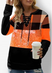 Orange tops,Plaid tops,ROTITA Lace Up Plaid Orange Sequin Sweatshirt