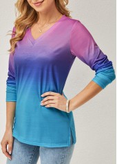 Multi Color tops,Ombre tops,Ombre V Neck Long Sleeve T Shirt