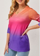 Multi Color tops,Ombre tops,Ombre V Neck Long Sleeve T Shirt