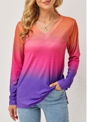 Ombre V Neck Long Sleeve T Shirt