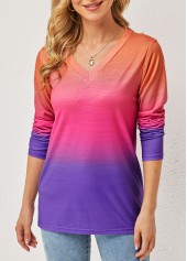 Multi Color tops,Ombre tops,Ombre V Neck Long Sleeve T Shirt