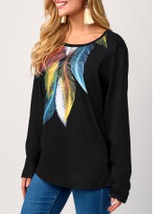 Black tops,Tribal tops,Rainbow Feathers Black Round Neck T Shirt
