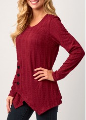 Wine Red tops,Plain Color tops,ROTITA Asymmetric Hem Wine Red Round Neck Valentines Sweatshirt