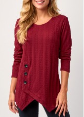 ROTITA Asymmetric Hem Wine Red Round Neck Valentines Sweatshirt