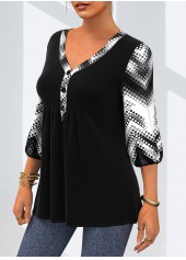 Black tops,Geometric tops,ROTITA Geometric Print Decorative Button V Neck T Shirt