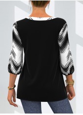 Black tops,Geometric tops,ROTITA Geometric Print Decorative Button V Neck T Shirt