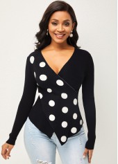 Multi Color tops,Dot tops,ROTITA Polka Dot Cross Front Long Sleeve Sweater