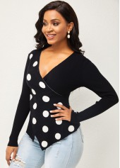 Multi Color tops,Dot tops,ROTITA Polka Dot Cross Front Long Sleeve Sweater