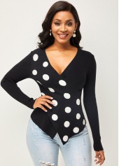 Multi Color tops,Dot tops,ROTITA Polka Dot Cross Front Long Sleeve Sweater