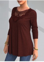 Wine Red tops,Plain Color tops,ROTITA Lace Patchwork Crinkle Chest Round Neck Blouse