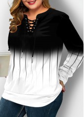 White tops,Contrast Color tops,ROTITA Lace Up Long Sleeve Ombre Sweatshirt
