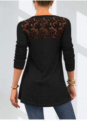 Black tops,Plain Color tops,ROTITA Solid Lace Patchwork Round Neck T Shirt