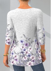 Grey tops,Floral tops,ROTITA Floral Print Crinkle Chest Long Sleeve T Shirt
