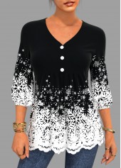 ROTITA Christmas Snowflake Print Lace Patchwork V Neck Blouse