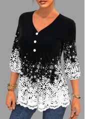 Black tops,Christmas tops,ROTITA Christmas Snowflake Print Lace Patchwork V Neck Blouse