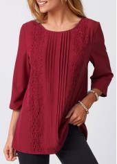 Wine Red tops,Plain Color tops,ROTITA Lace Stitching Crinkle Chest Solid Round Neck Blouse