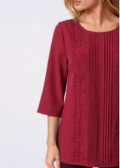 Wine Red tops,Plain Color tops,ROTITA Lace Stitching Crinkle Chest Solid Round Neck Blouse