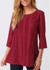 Wine Red tops,Plain Color tops,ROTITA Lace Stitching Crinkle Chest Solid Round Neck Blouse
