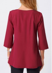 Wine Red tops,Plain Color tops,ROTITA Lace Stitching Crinkle Chest Solid Round Neck Blouse