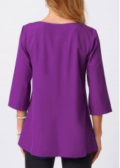 Purple tops,Plain Color tops,ROTITA Lace Stitching Crinkle Chest Solid Round Neck Blouse