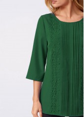 Green tops,Plain Color tops,ROTITA Lace Stitching Crinkle Chest Solid Round Neck Blouse