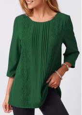 Green tops,Plain Color tops,ROTITA Lace Stitching Crinkle Chest Solid Round Neck Blouse