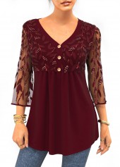 ROTITA Sequin Lace Stitching 3/4 Sleeve Solid T Shirt