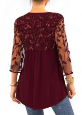 Wine Red tops,Plain Color tops,ROTITA Sequin Lace Stitching 3/4 Sleeve Solid T Shirt